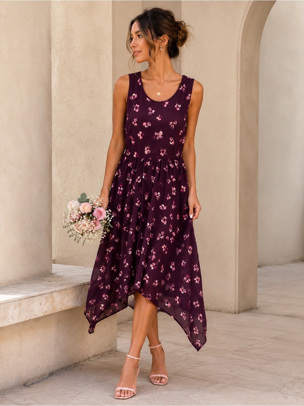 XL Elle Plum Floral Scoop Neck Dress with Pink Accents